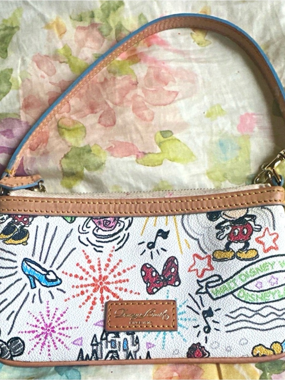 Designer Sketch-Print Shoulder Bag in Pink, White and Tan